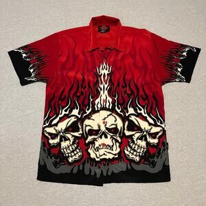Vintage Y2K Dragonfly Flaming Skulls Shirt S Red AOP Grunge Rock Metal Flames